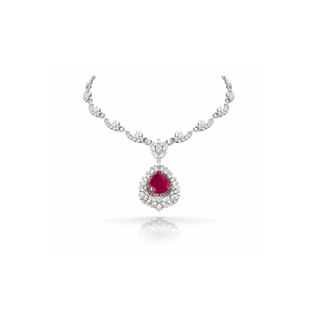 Scarlet Elegance: Pear-Cut Ruby & Diamond Necklace